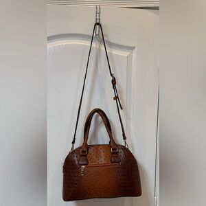 LM Ostrich Double Zipper Compartment Elegant Brown Leather Handbag.